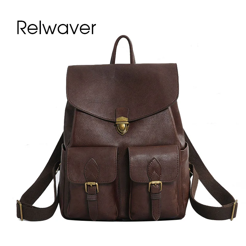 

Relwaver top layer cowhide backpack genuine leather big capacity women men vintage preppy style school bag
