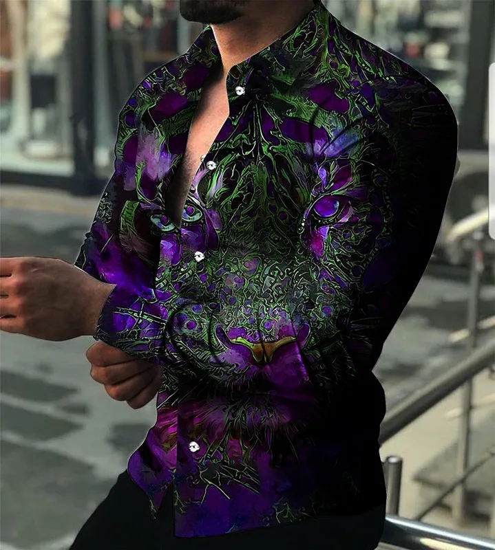 

High Quality Fashion Men Casual Clothing Leopard Printing Men's Long Sleeve Shirt Prom Party Cardigan Tops European size S-3XL