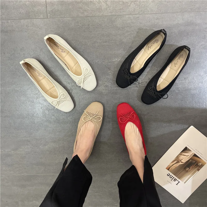 

Round Toe Breathable Shoes Knitting Flats All-Match Bow-Knot Shallow Mouth Casual Female Sneakers Women Ladies' Footwear Tennis