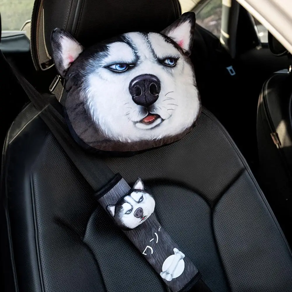 

Car Headrest Pillow Seat Belts Cover Padding 3D Printed Dog Cat Face Cute Neck Rest Auto Neck Safety Cushion