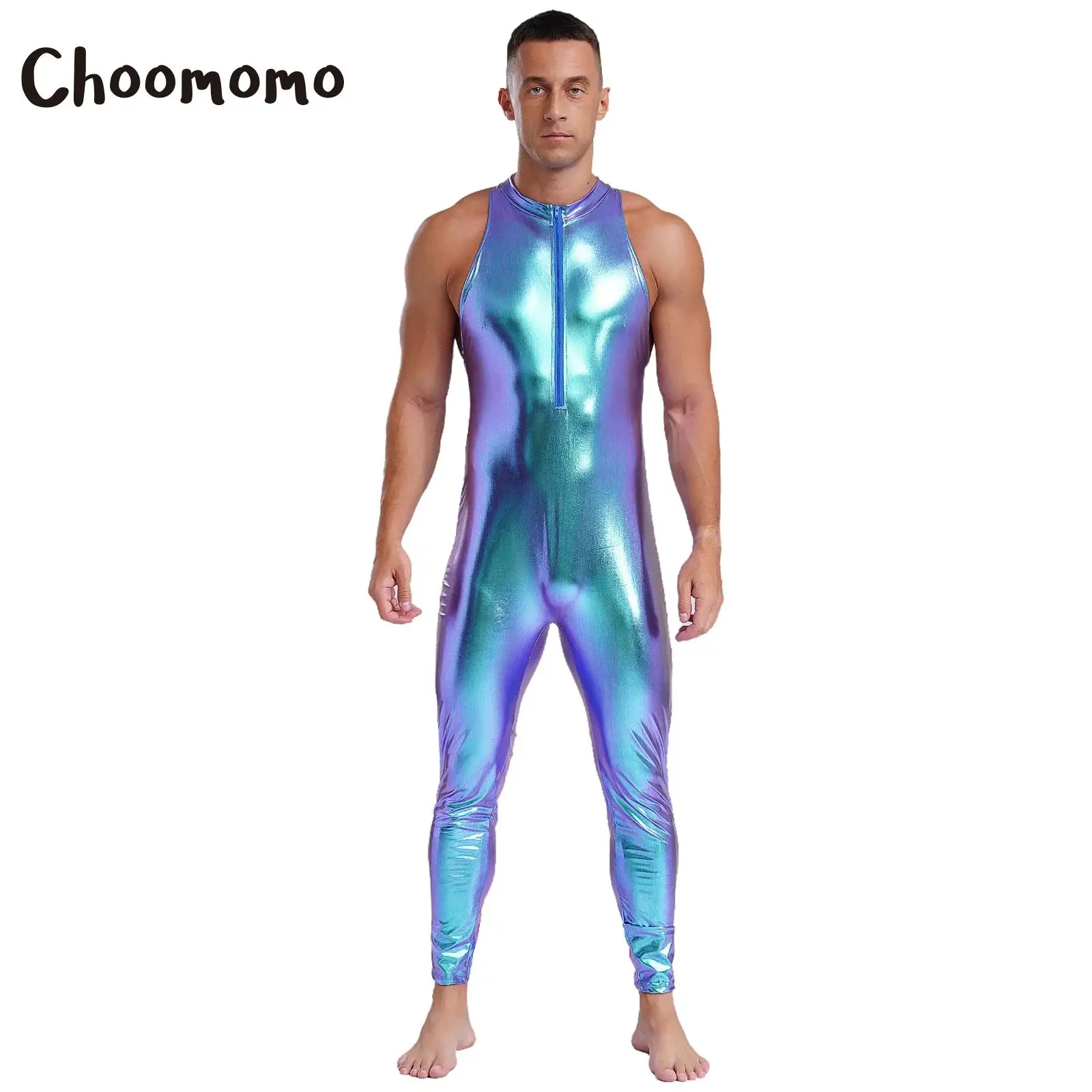 Мужской Блестящий Комбинезон с металлическим блеском ложным воротником вырезом