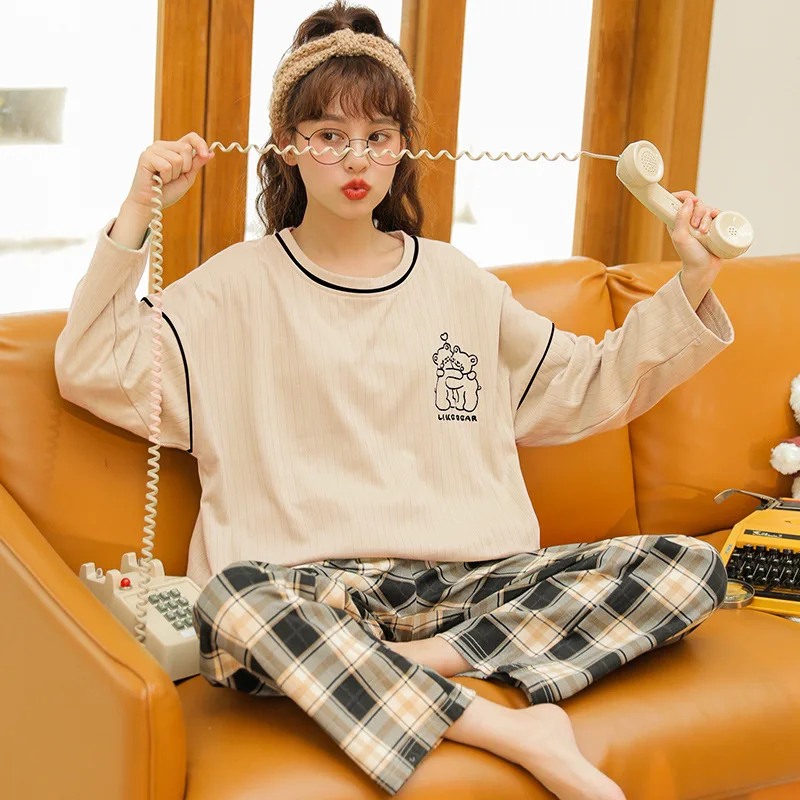 Pajama women's spring and autumn long-sleeved cotton suit 2023 new student ins loose home clothes in autumn and winter.