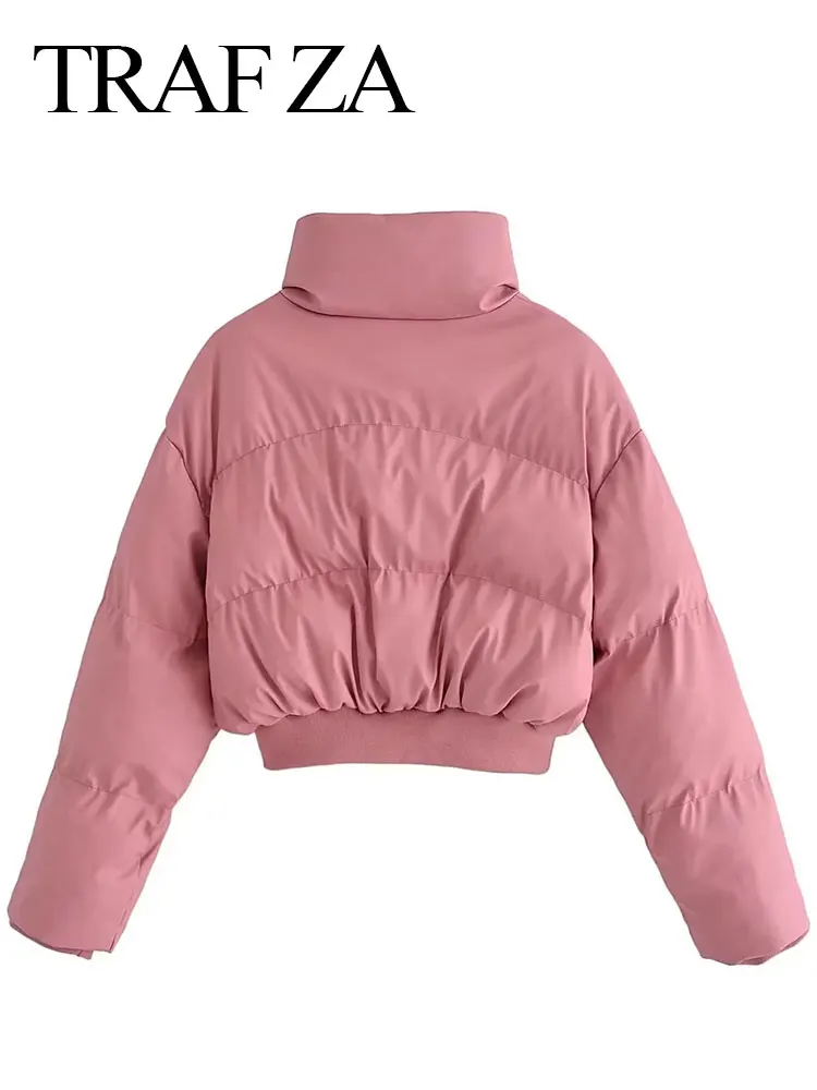 TRAF ZA 2022 Fashion Cotton Clothes Solid Color Simple Pink and Blue Premium Trend Zipper Half Turtleneck Casual Winter Jacket
