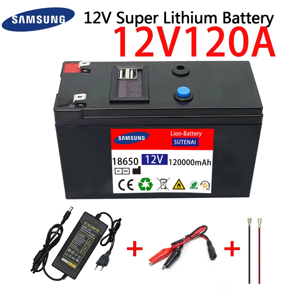 

12V Battery 120Ah 18650 lithium battery pack Rechargeable battery for solar energy electric vehicle battery+12.6v3A charger