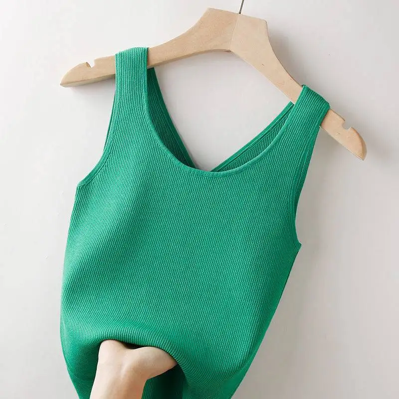 

YEMOGGY Chic 2 Wearing Sling Ice Silk Knit Vest Women Summer Outer Wear 2022 New Skinny Sleeveless T-shirt Bottom Tanks Tops