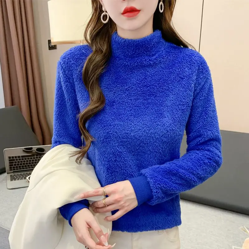 

Autumn Winter Half Turtleneck Thick Warm Plush T-shirts Women Solid Pullover Casual Tops Lady Slim Long Sleeve Fleece Tee Shirts