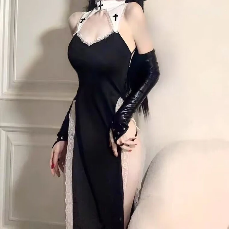 

New lace dress hollow backless sexy crossbody uniform sexy Lingerie role play Nun uniform cosplay game hollowed out skirt suit
