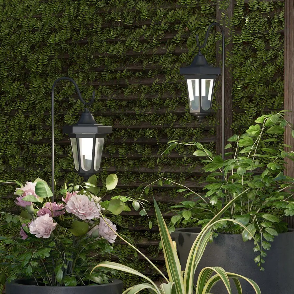 

POPTOP Solar-Powered Outdoor Lights - Set of 2 Weather Resistant Black Hanging Lantern LED Lights with Shepherd for Mounting b