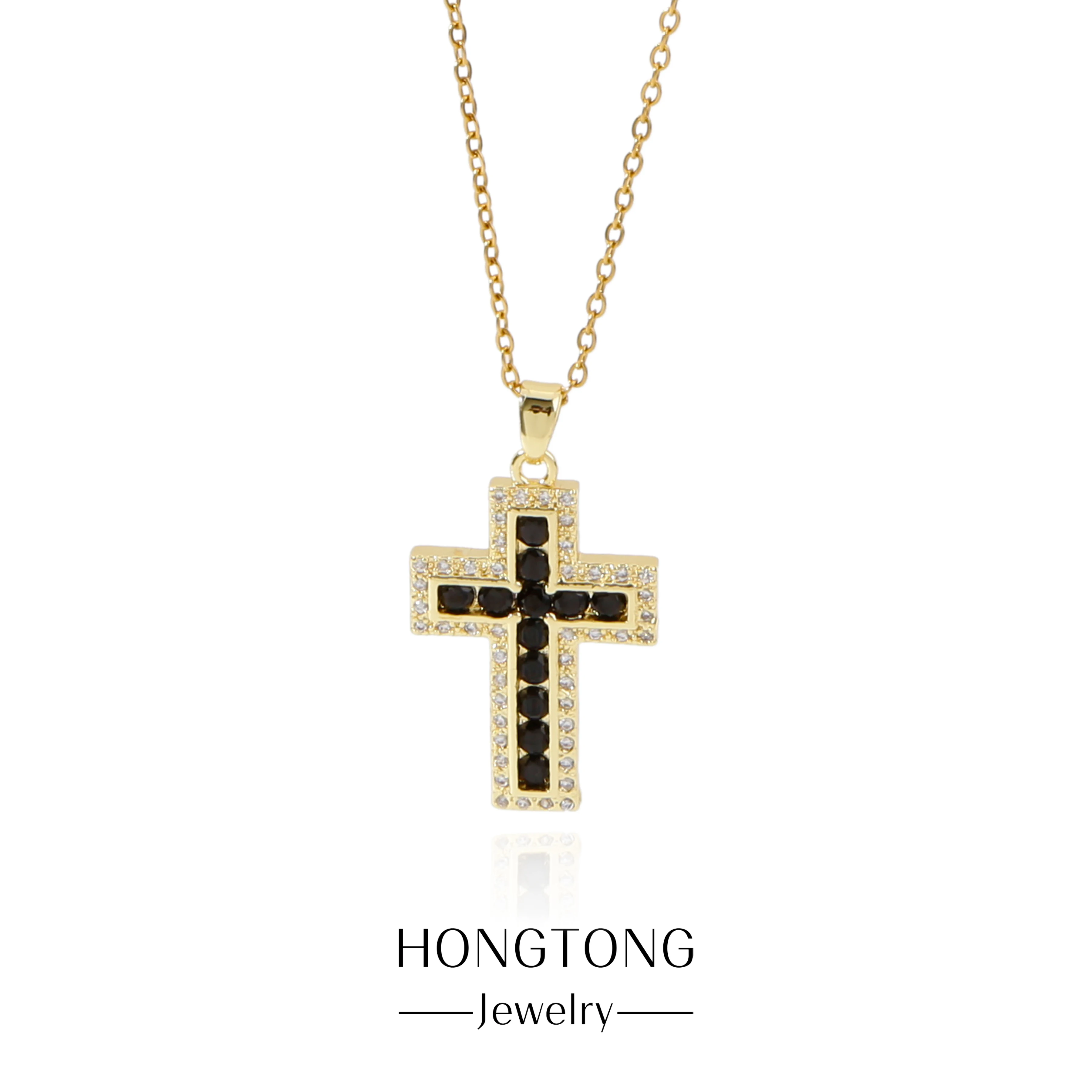 

HONGTONG Black And White Classic Zircon Cross Statue Pendant Necklace Stainless Steel Light Luxury Simple Church Prayer Gifts