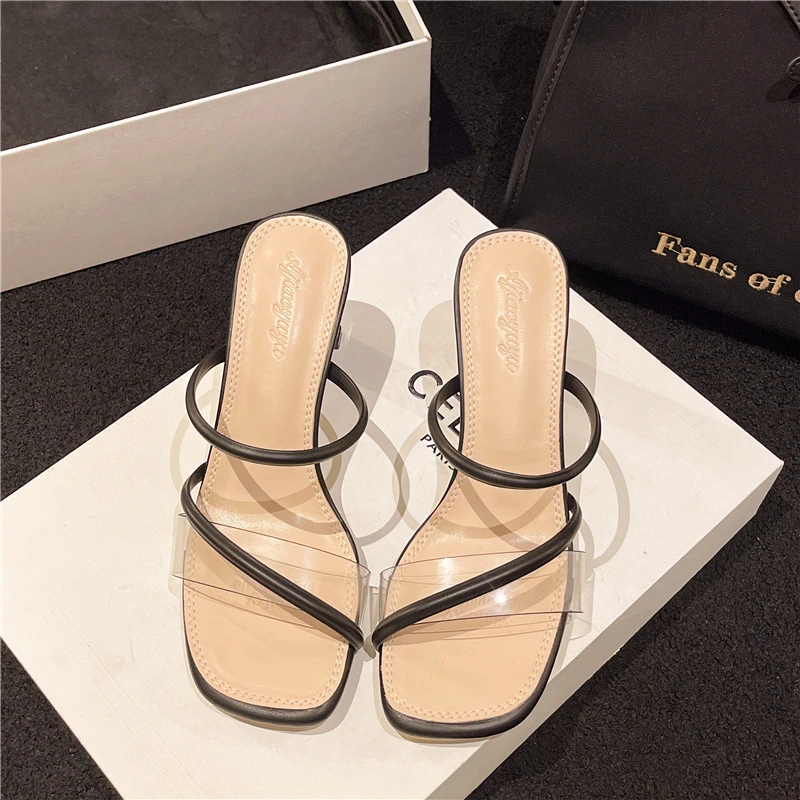 

Transparent and simple temperament essential sandals 7CM thick square with 2023 summer fashion Joker temperament fairy.