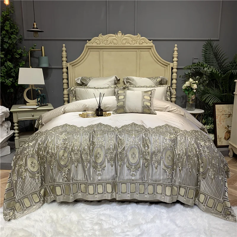 

Luxury Champagne Egyptian Cotton Princess Wedding Lace Bedding Set Satin Silky Duvet Cover Bed Sheet Or Bedspread Pillowcases