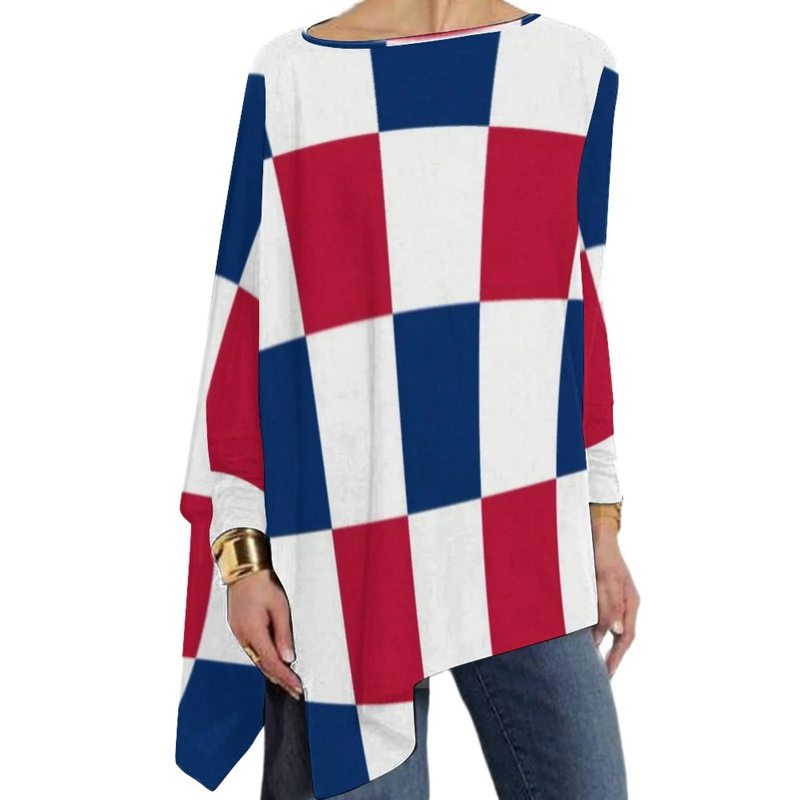

American USA Flag T Shirts Red White Blue Checkerboard Pretty T-Shirt Ladies Long Sleeve O Neck Streetwear Tops Oversized Tees