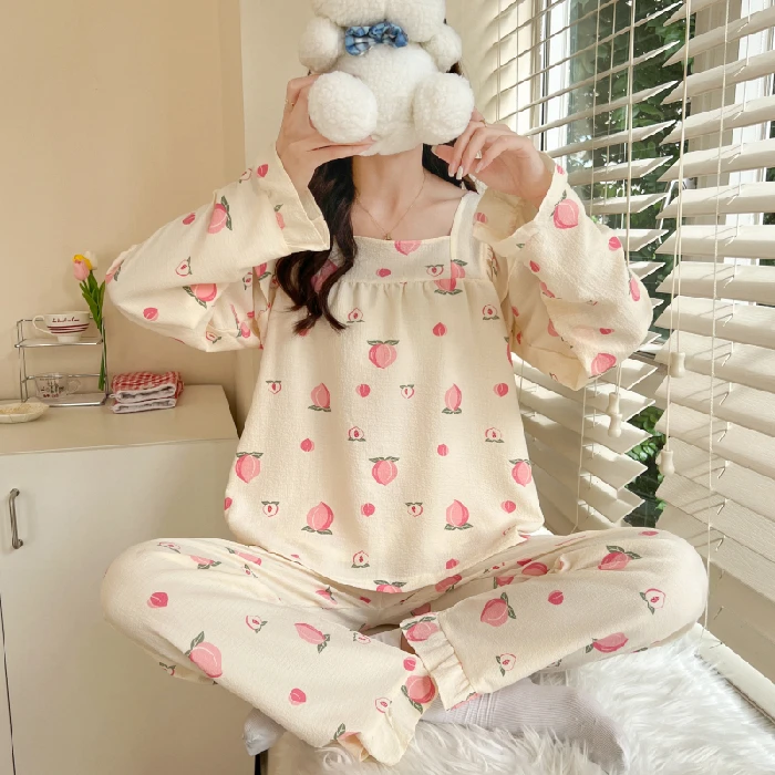CAIYIER Korean Flower Girls Sleepwear Sweet Square Collar Ruffles Nightwear For Ladies Autumn Winter Soft Cute Pyjamas Female
