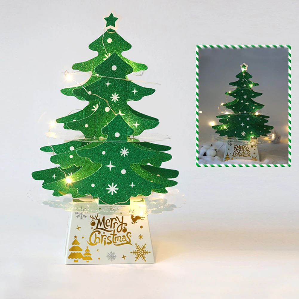 

Christmas Card Ornament Mini Desktop Shiny Christmas Tree Shaped Card Ornaments With Light Wedding Party Home Table Decoration