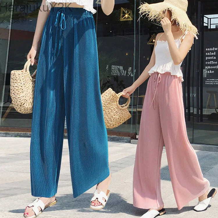 

Women Summer New Wide Leg Pants Eastic Waist Pants Casual Ankle-Length Pleated Pant Female Harajuku Trousers 2022