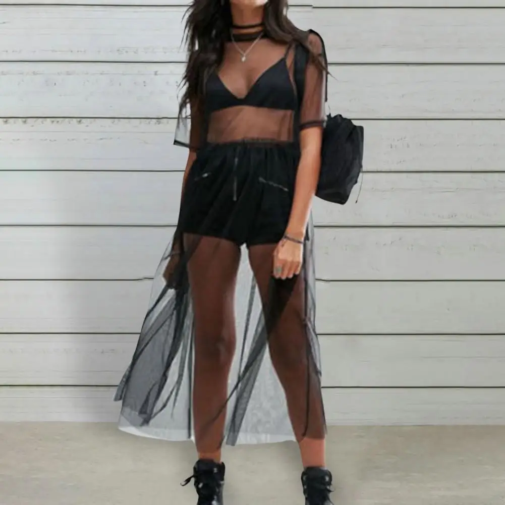 

Anti-UV Elastic Waistline See-through Bikini Cover Up Dress Streetwear