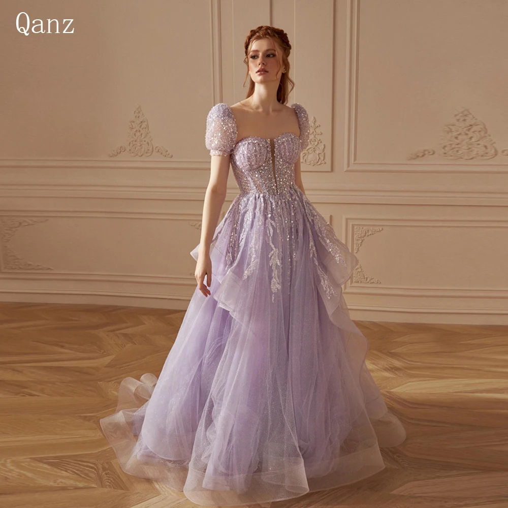 

Qanz Glitter Tulle Evening Dresses Vestidos De Fiesta Short Cap Sleeves Sequins Dubai Formal Gowns Tiered Lilac Evening Gowns