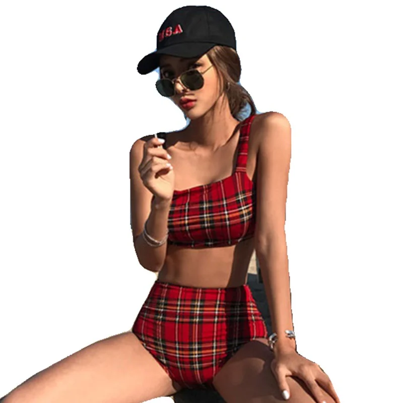 Split swimsuit women conservative ins hot spring Korean high waist flat angle backless big breasts gathered sexy swimwear