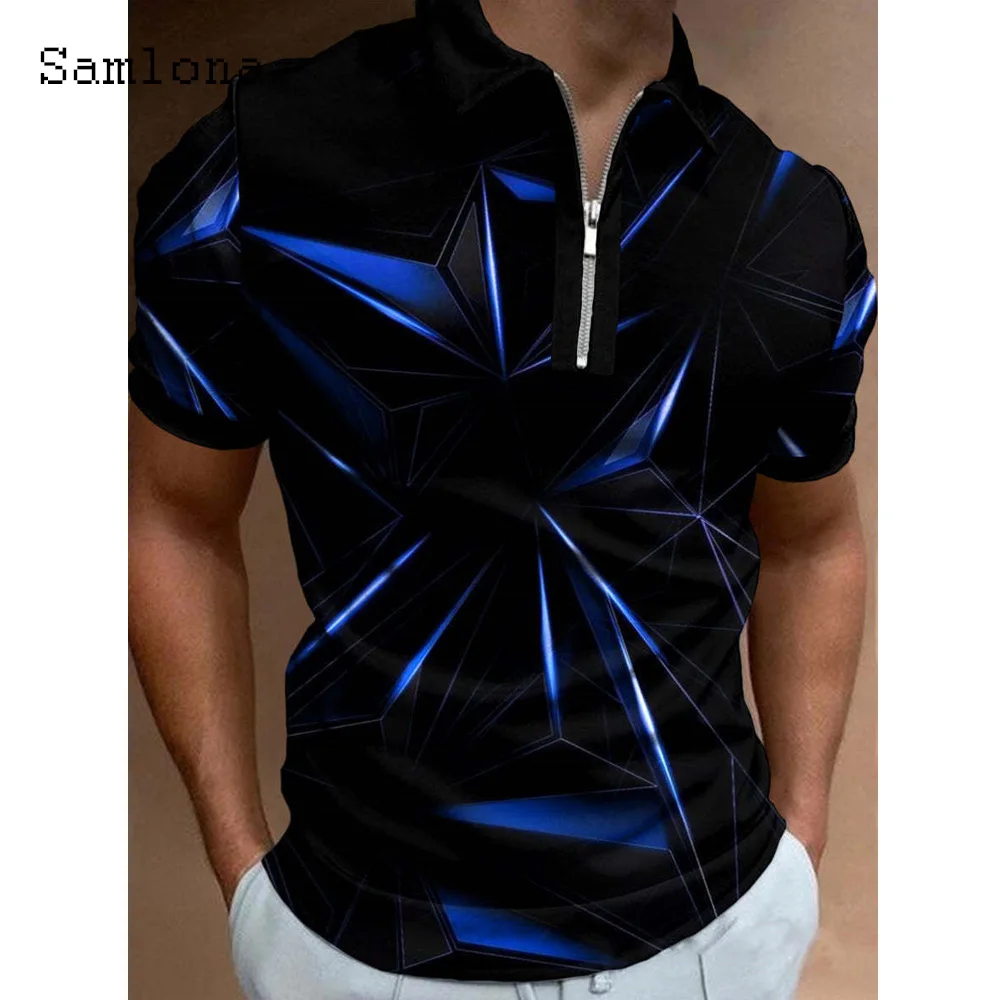 

Samlona Plus Size Men Casual Fashion Polo Shirts Mens Short Sleeve Basic 3D Print Shirt Zipper Up Tops Lepal Collar Pullovers