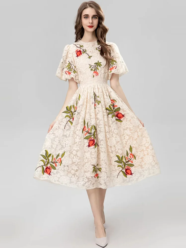

2023 Fashion Designer Summer Vintage Party Vestidos Women's Puff Sleeve Flower Embroidery Mesh Vacation Dress