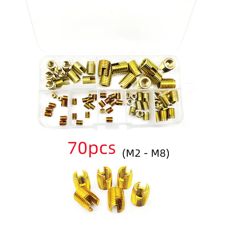 

70pcs/lot M2 - M8 Golden Galvanized Threaded Inserts Self Tapping Slotted Screw Bushing Slotted Type Thread Repair Inset Kit