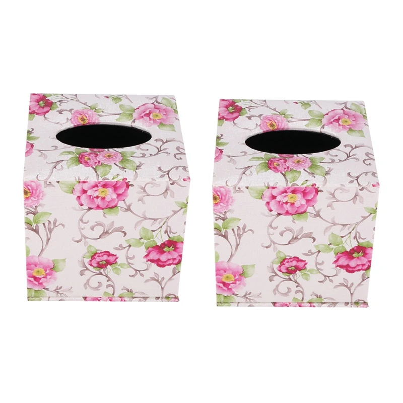 

2X Durable Room Car PU Leather Square Tissue Box Paper Holder Case Cover Napkin Color:Pastoral Flowers