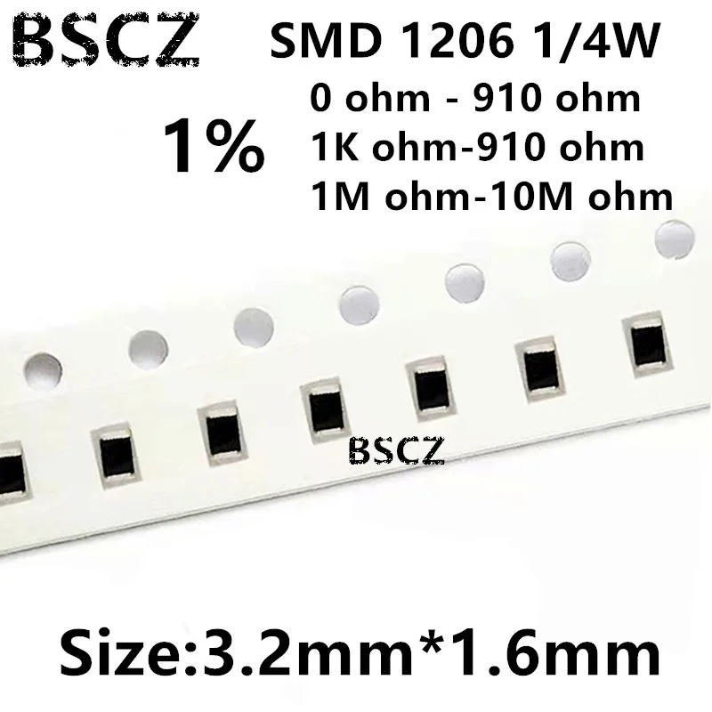 

100Pcs SMD 1206 Resistors 0ohm - 10M Ohm 1/4W 1% High Precision Film Chip Fixed Resistance 0.01 0.22 4R7 100 220 330 1K 10K 300K
