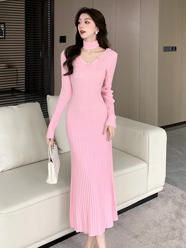 Французский облегающий шарф вязаное платье для внутренней одежды розовое 2024