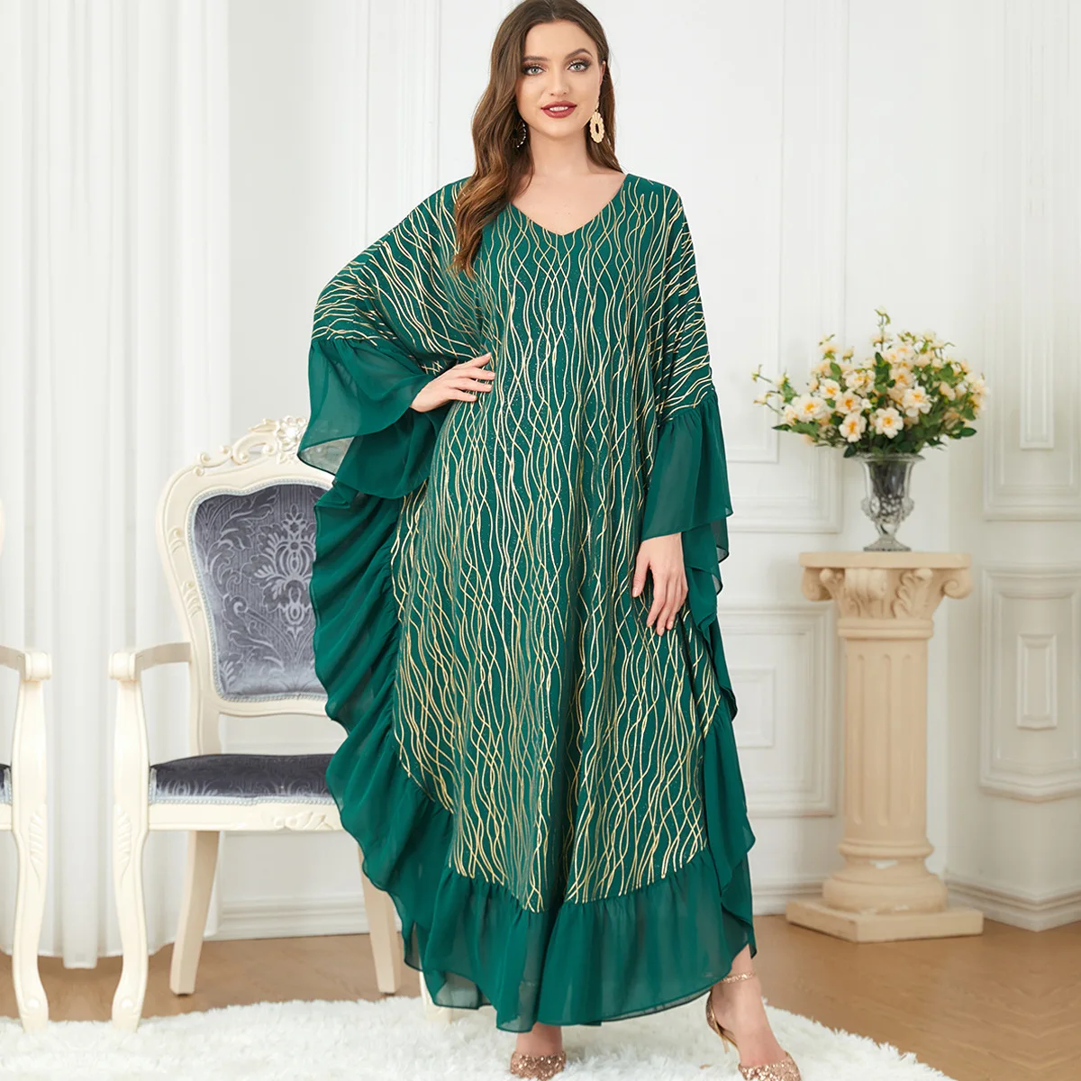

Kaftan For Women Dubai 2023 Latest Fashion Ruffle Trim Batwing Sleeves Abaya Printing Maxi Dress Kimono Arab Dresses Ramadan