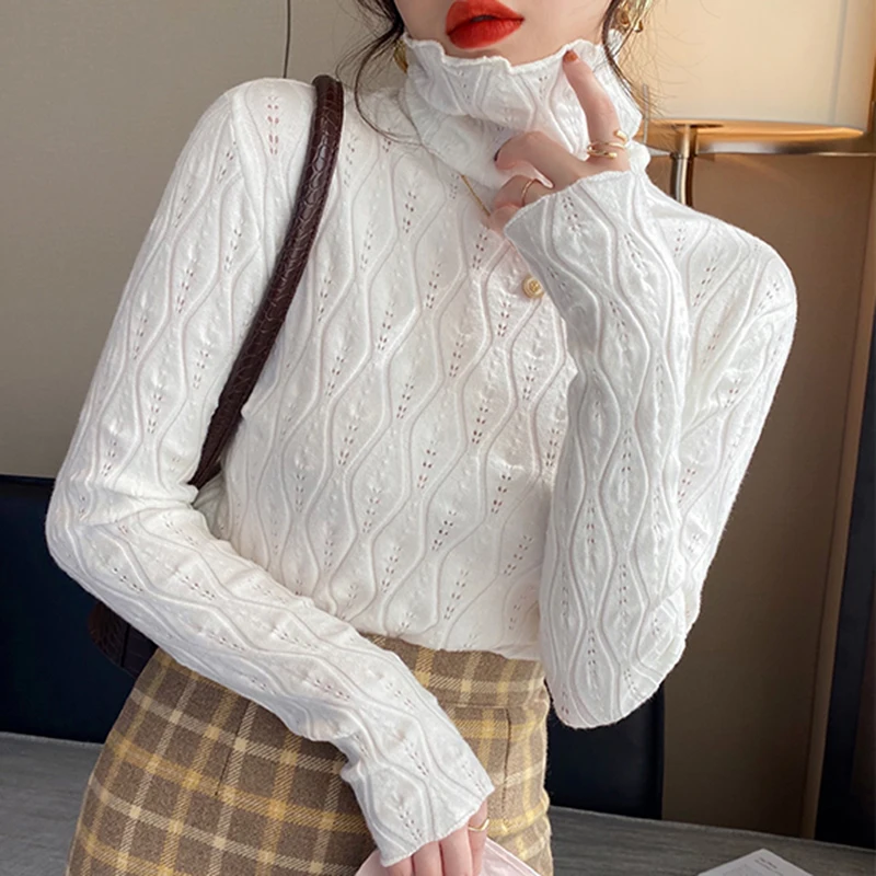 

Korean Autumn Bottoming Knitted Pullovers Women White Turtleneck Sweater Winter Clothing 2023 Long Sleeve Slim Knitwears 22686