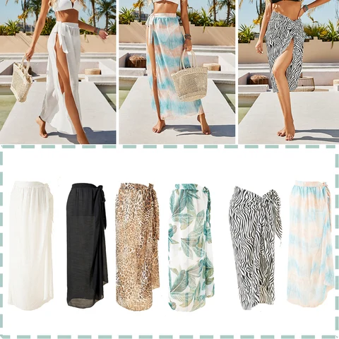 Transparent Chiffon Cover Up Sarong Pareo Women SwimWear Wrap Skirt Sheer Beach Side Split Skirt Long Maxi Skirt