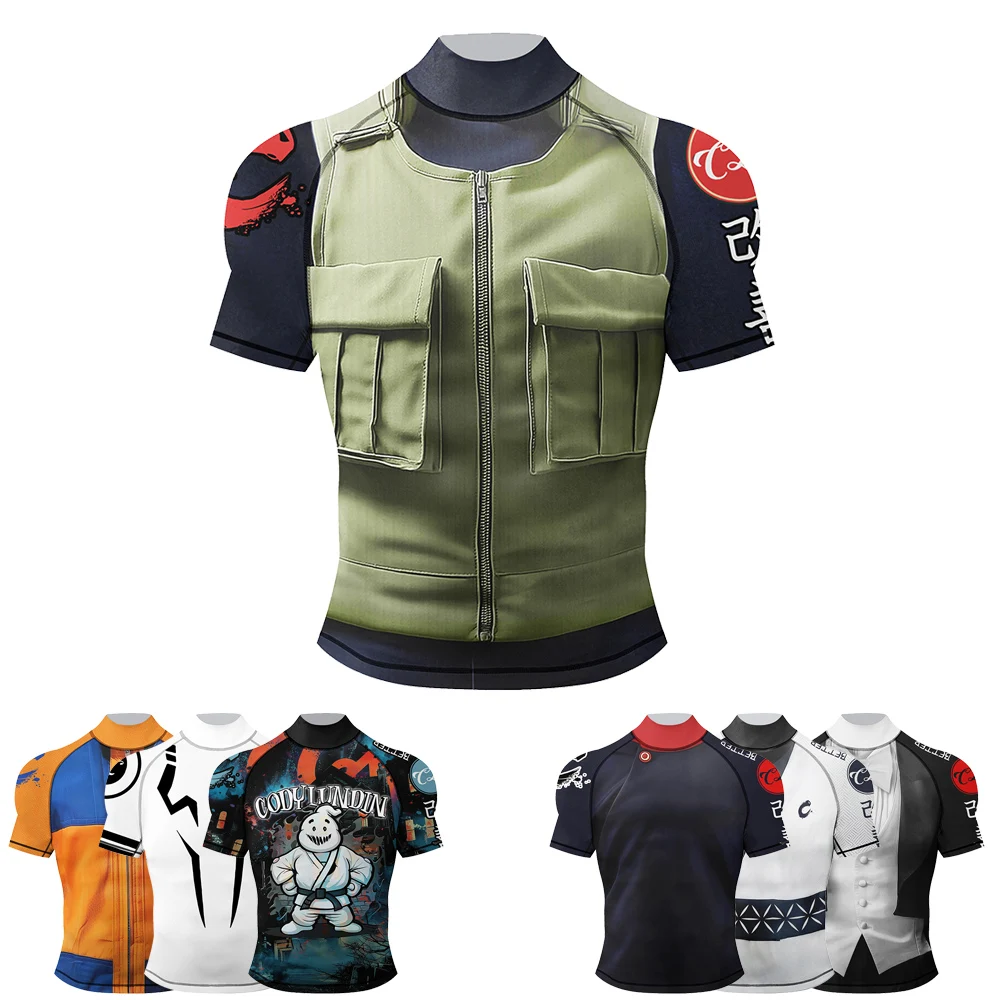 Фото 2025 Новый дизайн Mock Neck Rash Guard Силиконовый подол Мужская спортивная футболка Grappling Gi Jiu Jitsu Рашгард Быстросохнущая UPF 50+ Фитнес-футболка №3