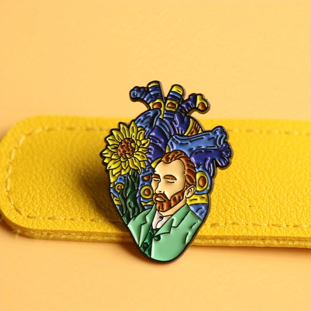 Artistic Anatomical Heart Enamel Brooch Pin - Alloy Fashion Van Gogh Accessory for Backpacks and Clothing