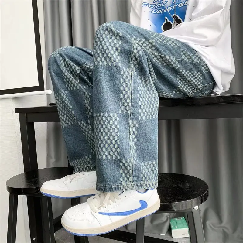 Mens Printed Jeans 2023 New Darker Blue Straight Lift Pattern Loose High Street Casual Boyfriend Pants