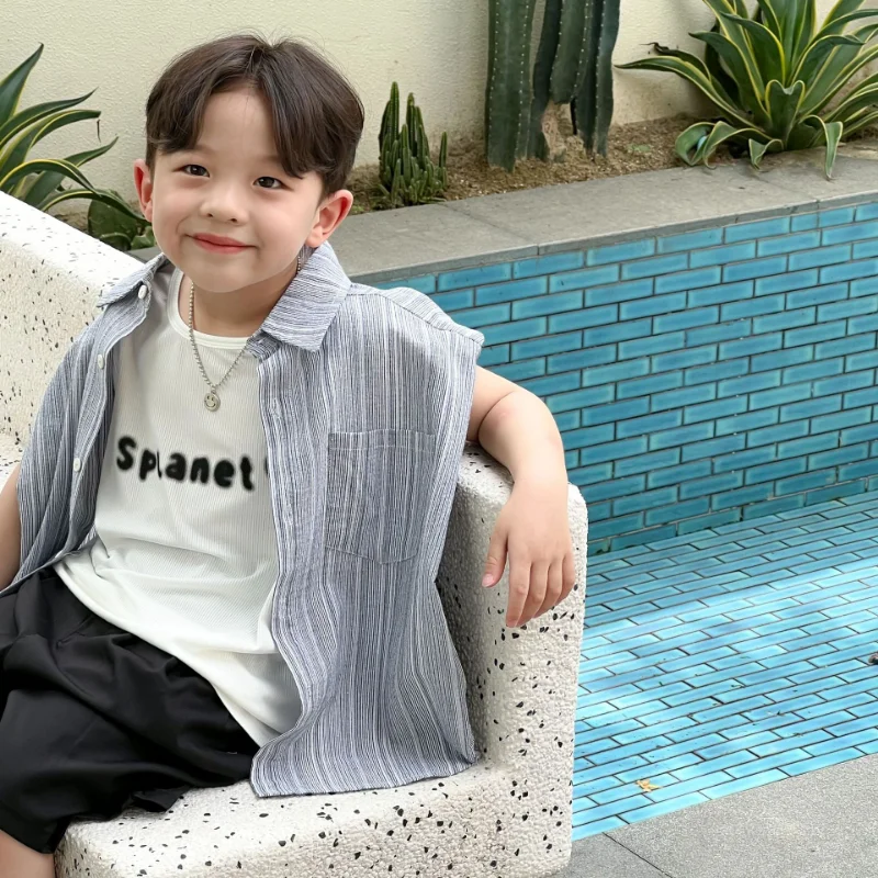 

Рубашка для мальчиков, без рукавов, с вертикальной полосой