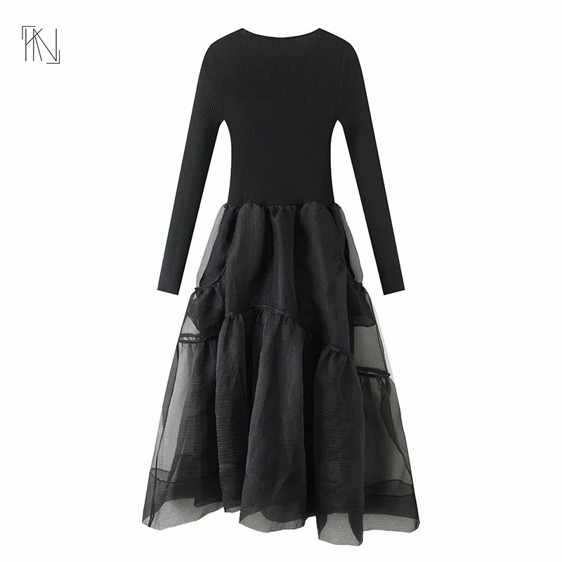 

Square Neck Knitted Mesh Splice Dress 2022 Autumn New Style Commuter's Waist Slim Black Dress Children's High Quality