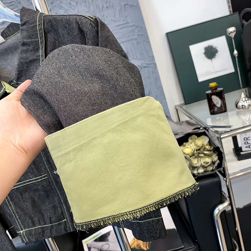 Новинка 2023 черное однобортное джинсовое пальто с отложным воротником топ