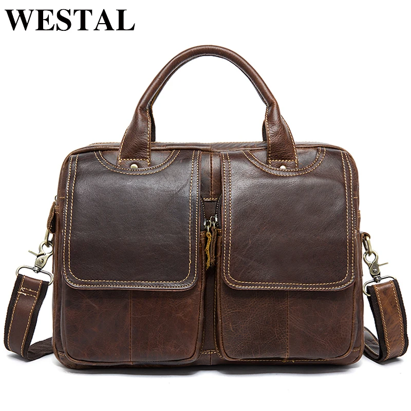 

Портфель WESTAL мужской из воловьей кожи, винтажная сумка-мессенджер на плечо для ноутбука 14 дюймов, саквояж для работы и офиса, 8002