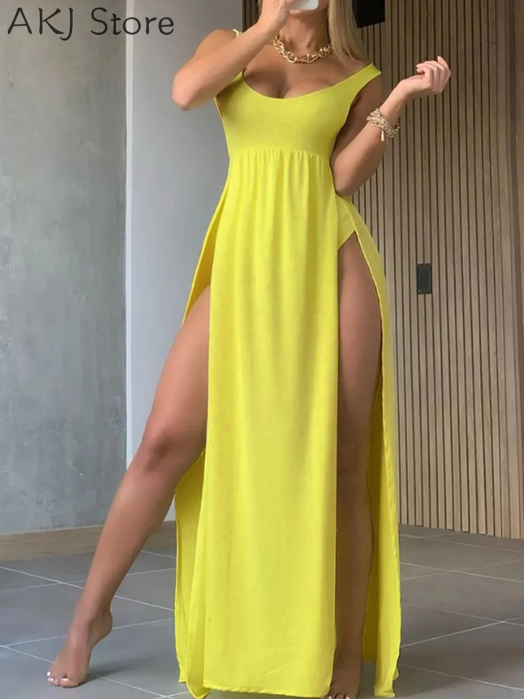 

Женское платье макси без рукавов с открытой спиной и высоким разрезом