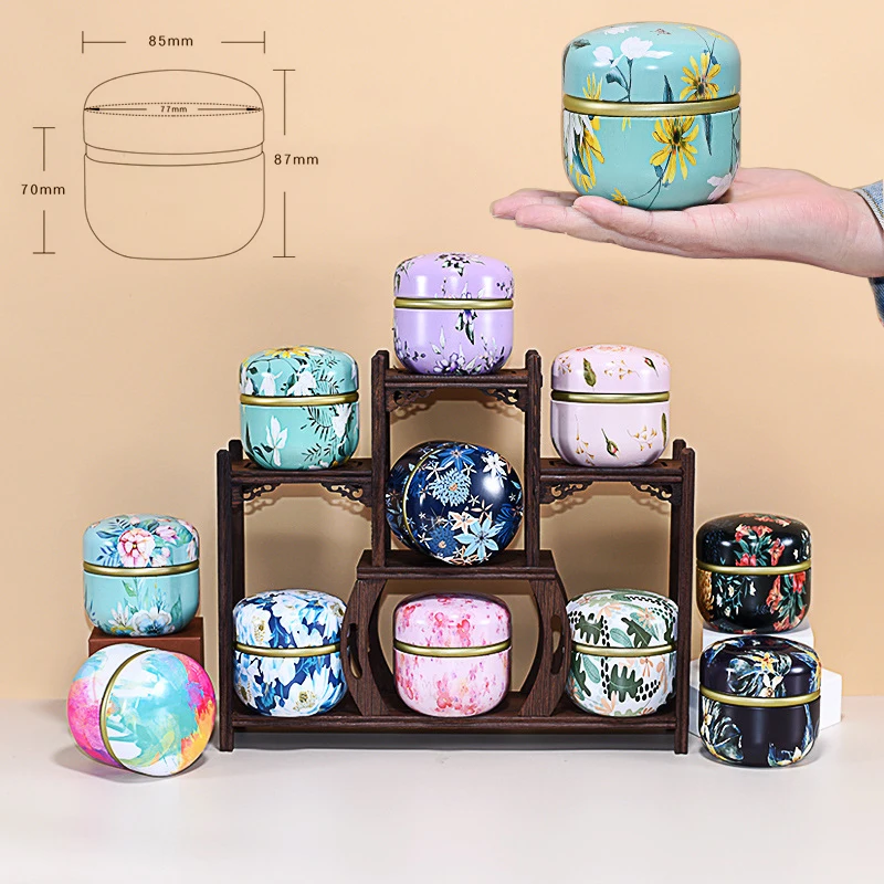 

Tea Caddy Tinplate Household Sealed Tea Packaging Box Portable Japanese Style Flower Tea Round Small Tin Containers