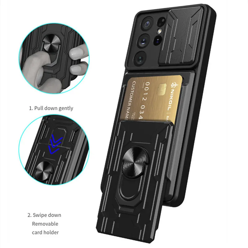 

Armor Slide Camera Lens Case For Samsung A50 A32 A22 A20 A30 A23 A33 A21S A31 M32 Cover Removable Card Slot Bracket Funda Coque