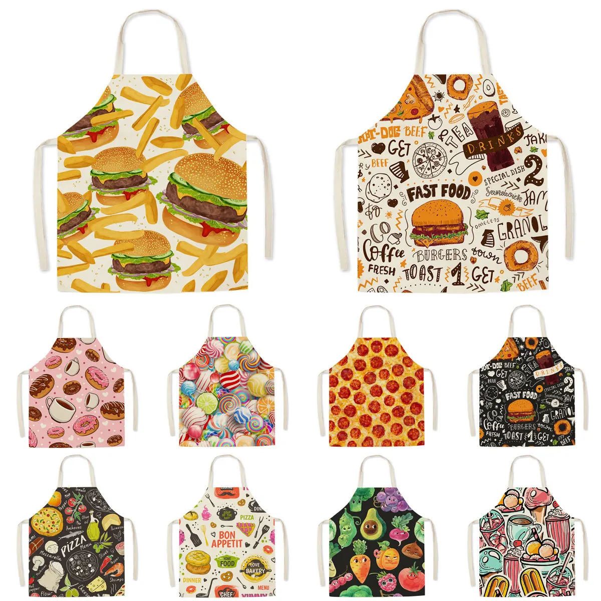 Cute Gourmet Pattern Kitchen Apron Burger Fries Pizza Pattern Children's Sleeveless Apron Women Household Cleaning Tool Fartuchy