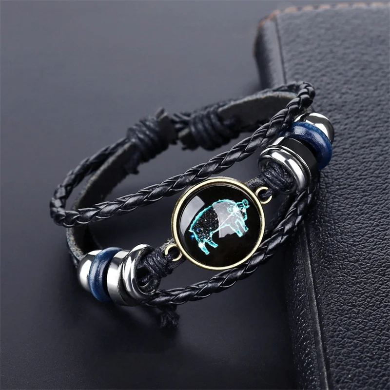 

New 12 Constellation Pattern Leather Bracelet Hand Woven Glass Buckle Accessories Leather Bracelet For Men Jewelry Gift