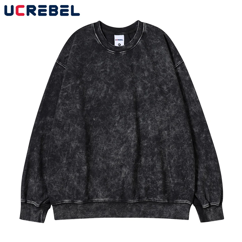 

Washed Distressed Casual Sweatshirts Mens Autumn Solid Color Round Neck Sports Pullover Retro Loose Long Sleeve Top Men