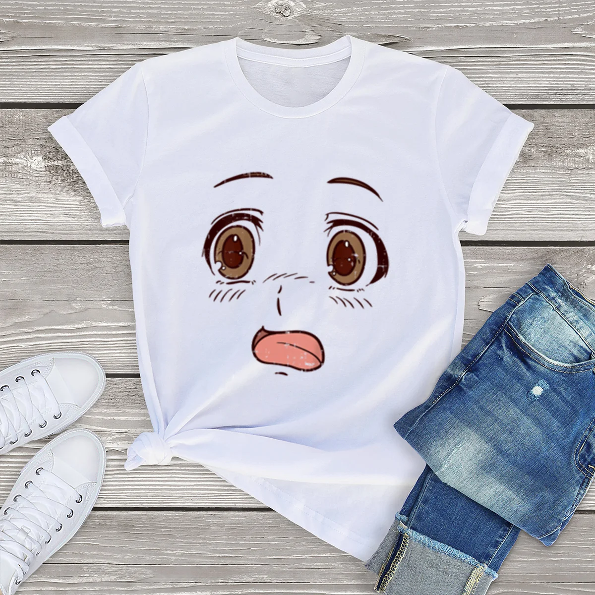 

100% Cotton Shocked Anime Face Eyes Cute Japanese Manga Japan Otaku Gift Women Clothing Casual T-Shirt Tee Female Streetwear Top