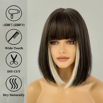 Short Straight Synthetic Wigs for Women Black With Blonde Bob Wigs with Bangs Daily Cosplay For Party Heat Resistant Lolita Hair 4