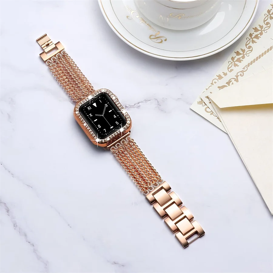 Diamond Case+Tassel strap for Apple watch 8 band 41mm 40mm 38mm 45mm 44mm 42mm Metal Watchband iWatch Series 6 5 4 3 Se 7 strap