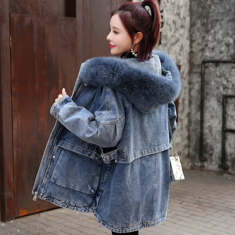 2022 Winter New Lamb Wool Medium Long Loose Hodded Jeans Coat Plush Thicken Denim Cotton Jacket Women's Casual Vintage Outerwear