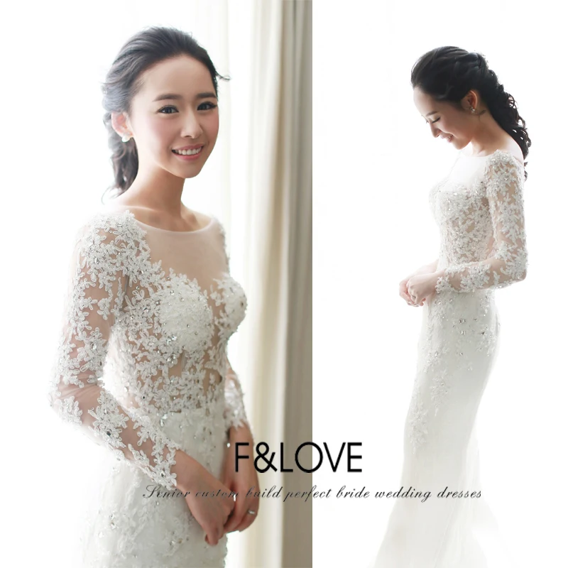 

Vestido De Noiva 2015 new sexy see through long sleeve lace appliques crystal mermaid Vintage Wedding Dress bridal Dresses