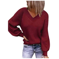 casual loose red knitted women sweater autumn v neck long sleeve solid color pullovers ribbed vintage jumper winter clothes